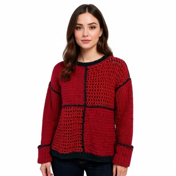 ARTISAN Colorblock Crochet Pullover Mesh Sweater NEW Red Black Hand Crafted - Picture 6 of 8